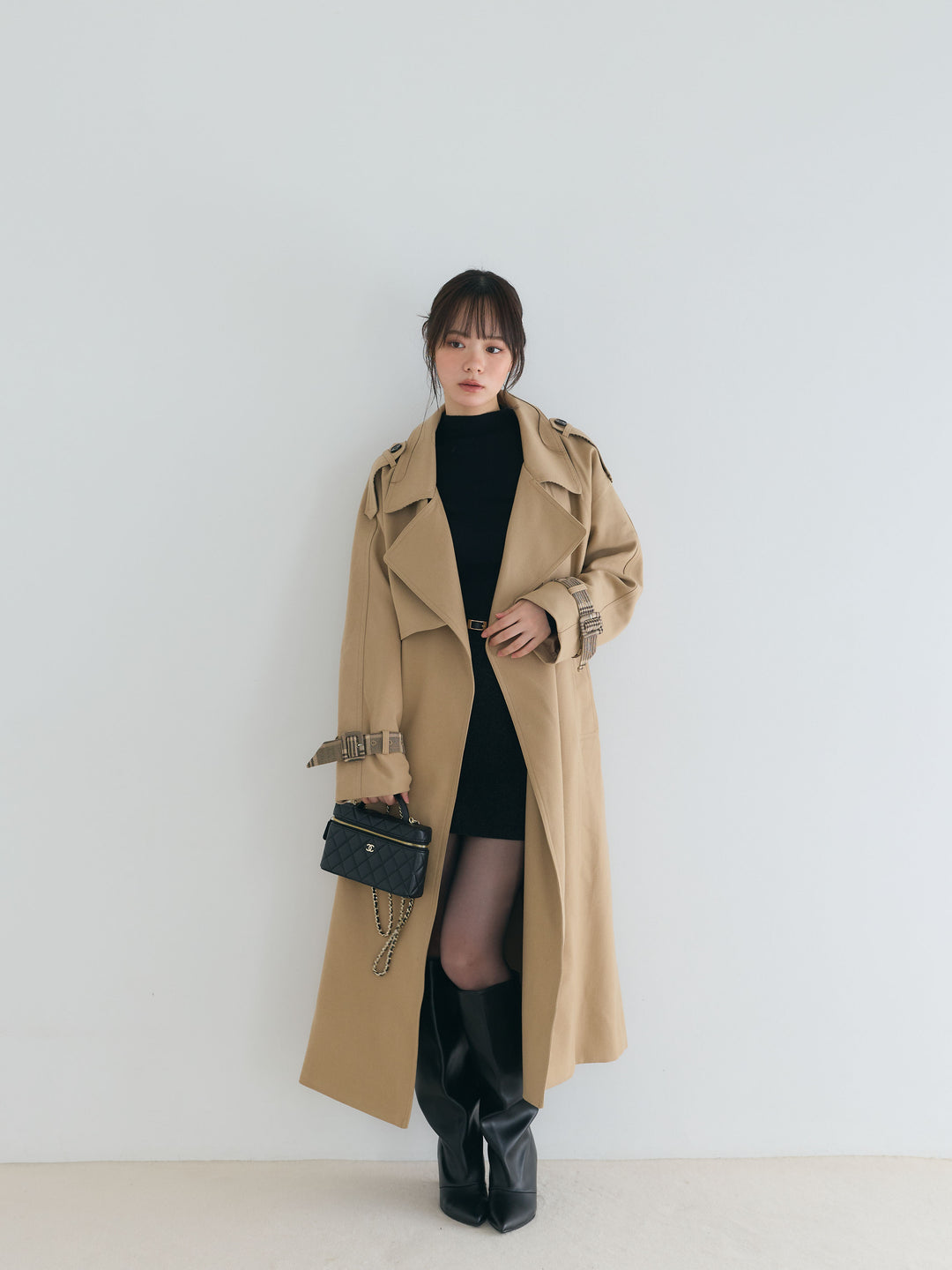 プレミアムチェックディテールロングトレンチコート