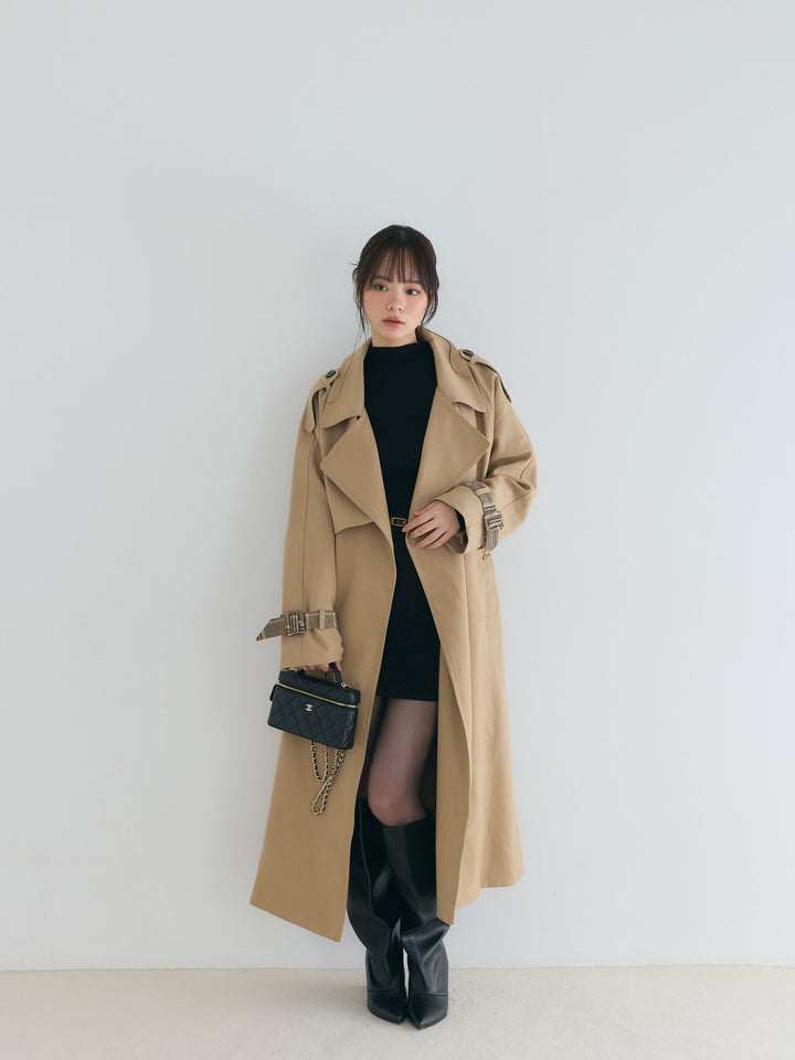 プレミアムチェックディテールロングトレンチコート