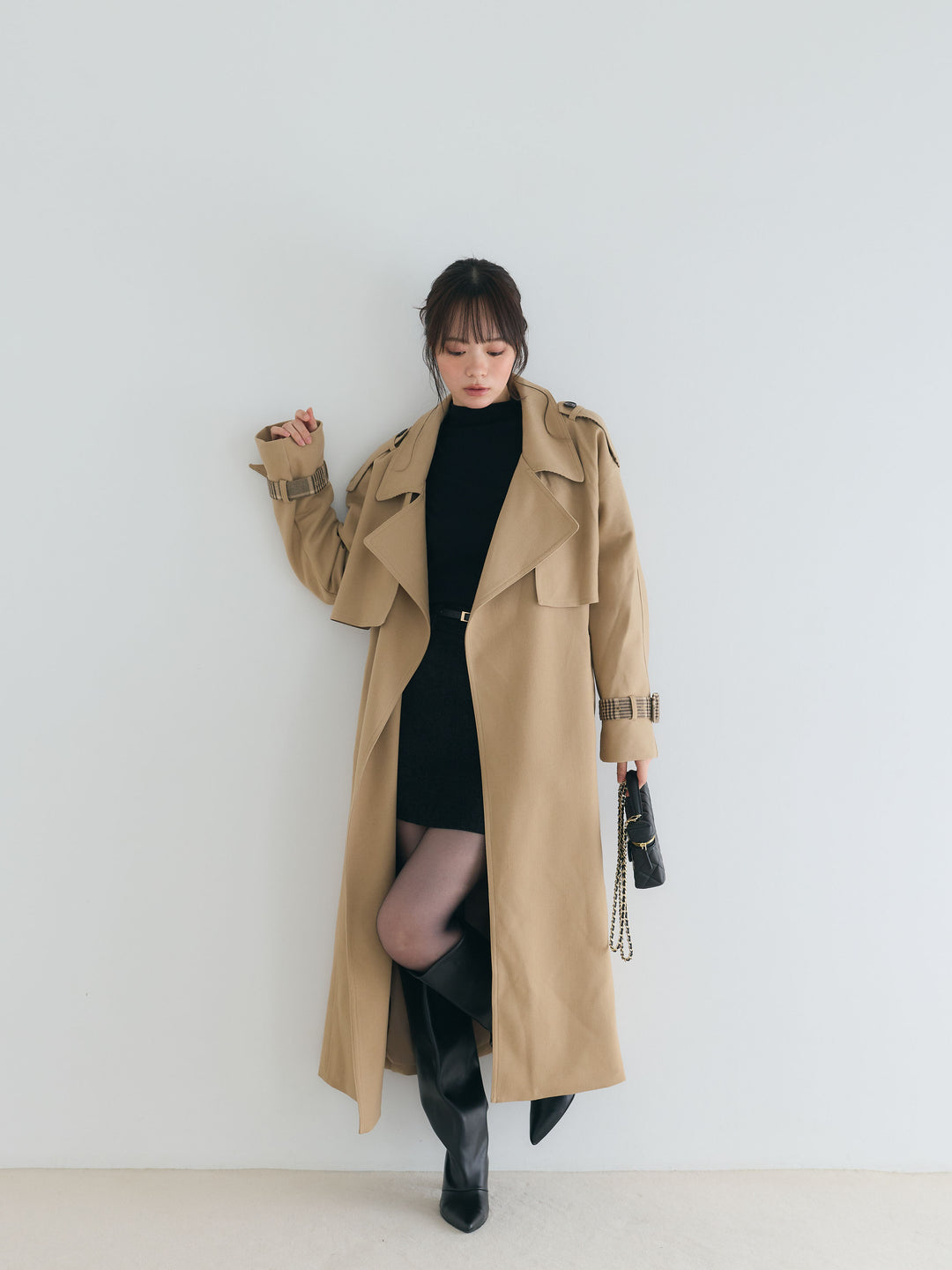 プレミアムチェックディテールロングトレンチコート