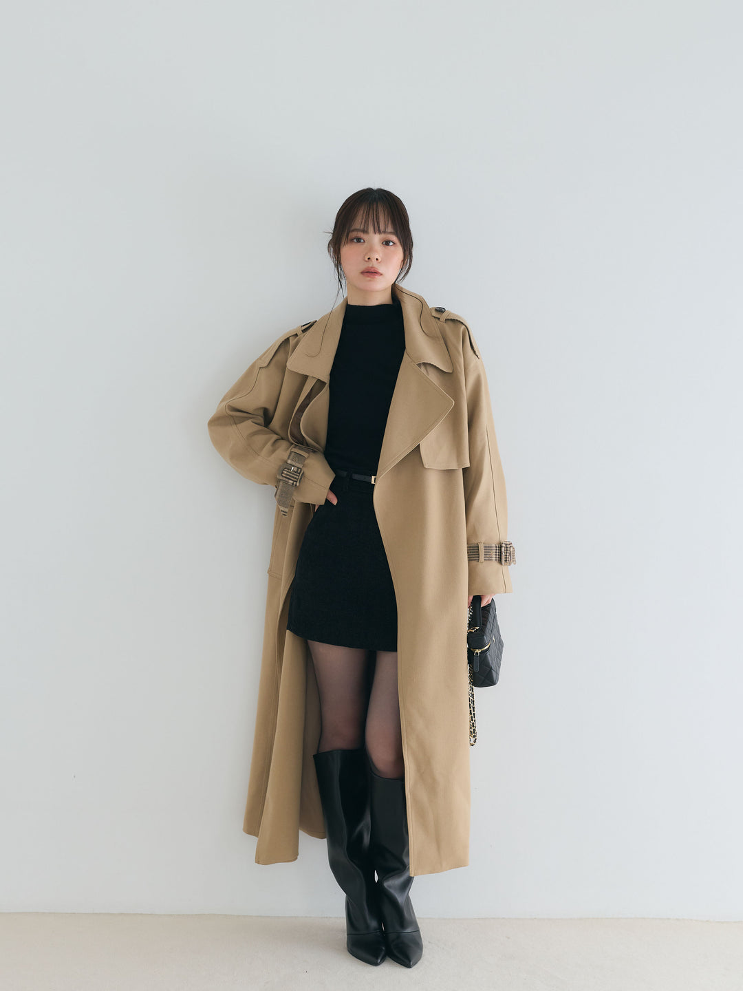 プレミアムチェックディテールロングトレンチコート