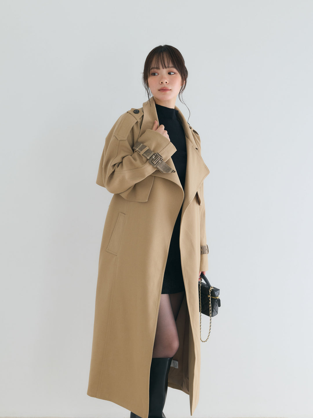プレミアムチェックディテールロングトレンチコート