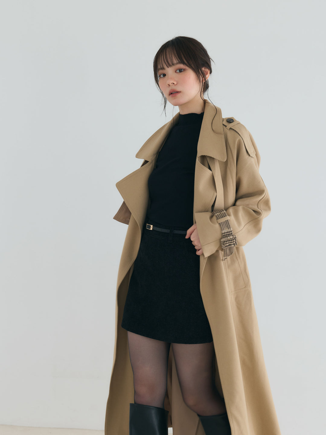 プレミアムチェックディテールロングトレンチコート