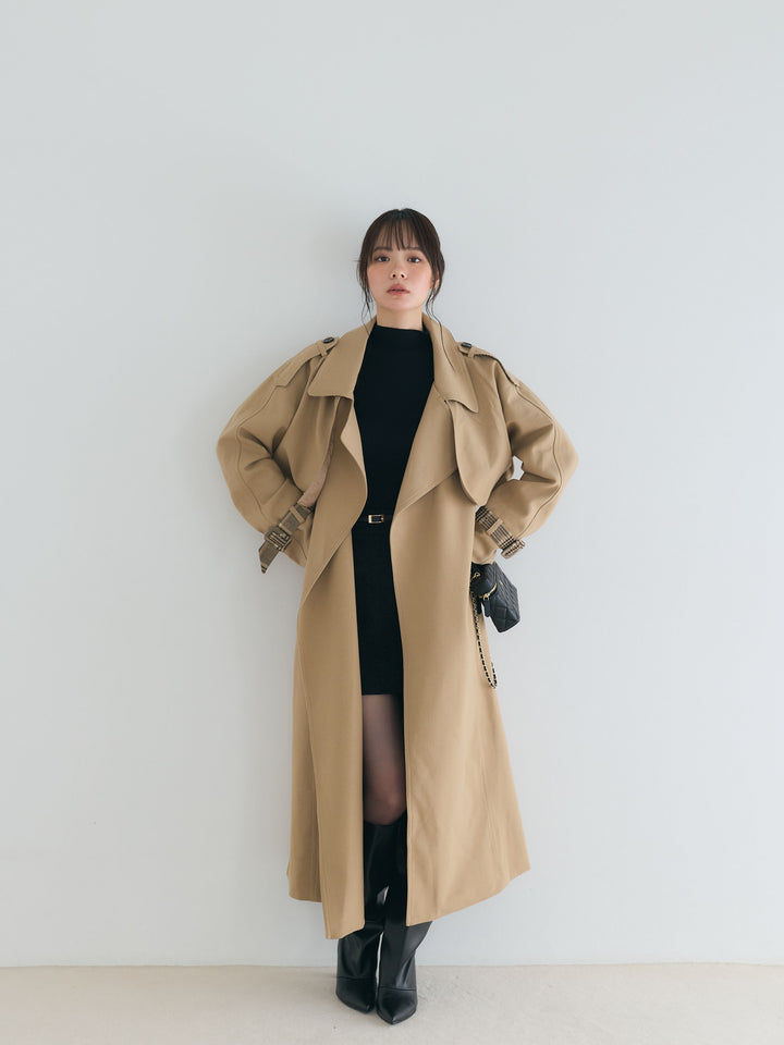 プレミアムチェックディテールロングトレンチコート