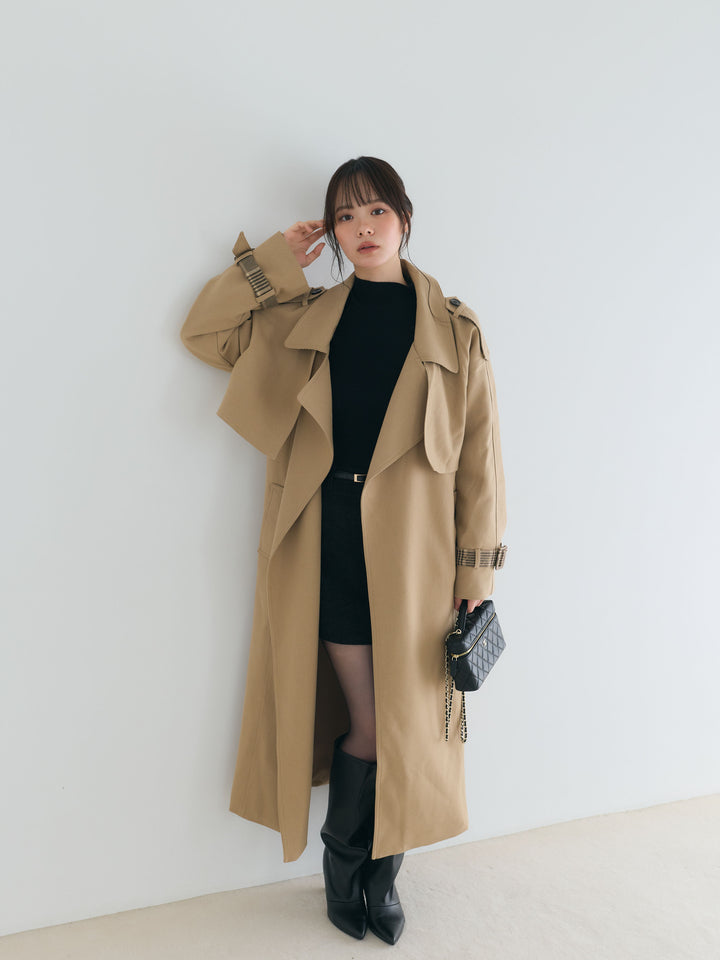 プレミアムチェックディテールロングトレンチコート
