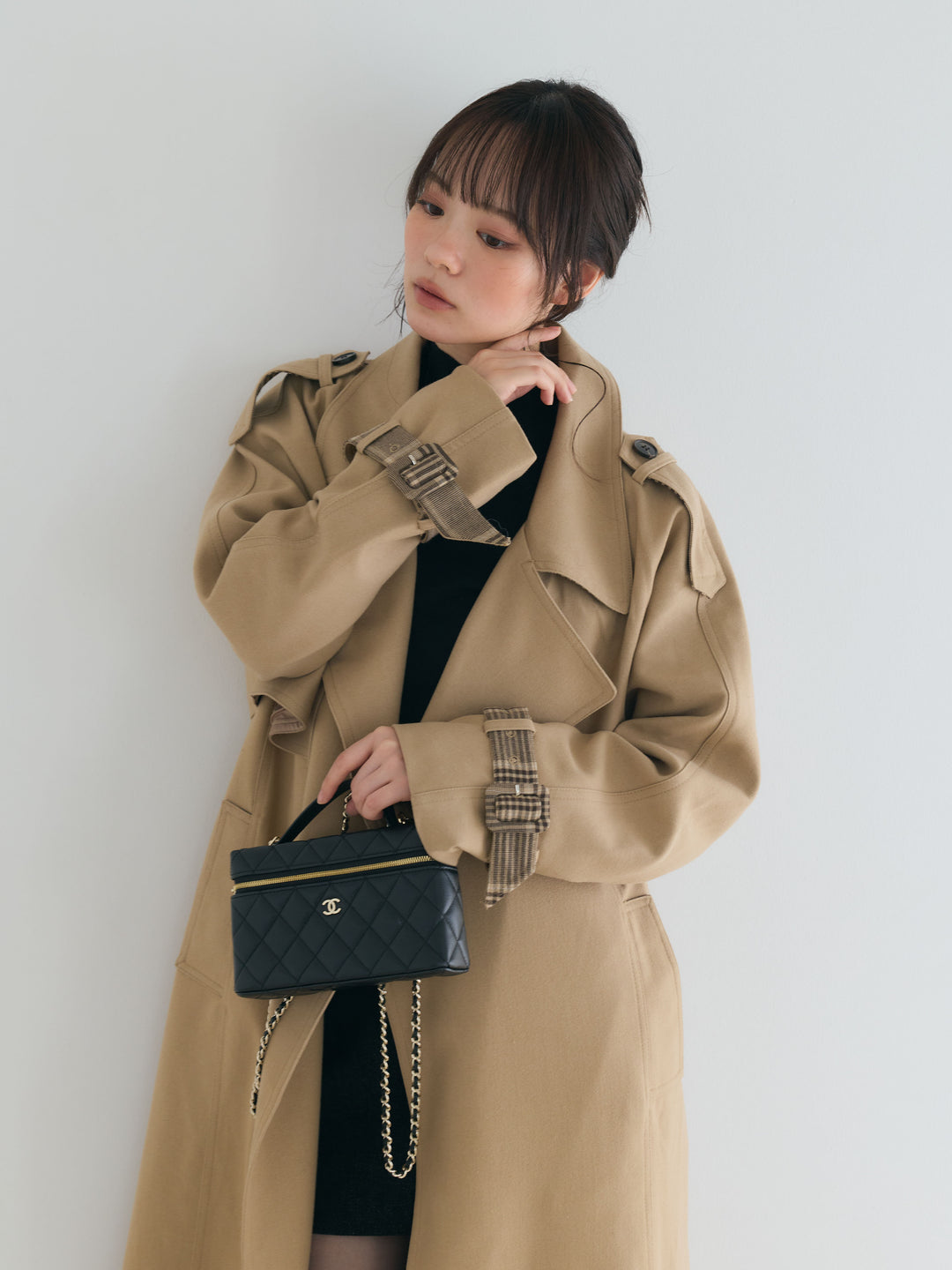 プレミアムチェックディテールロングトレンチコート