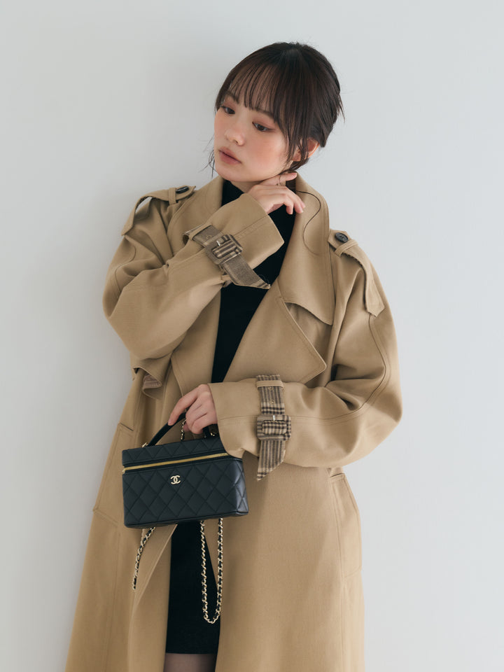 プレミアムチェックディテールロングトレンチコート