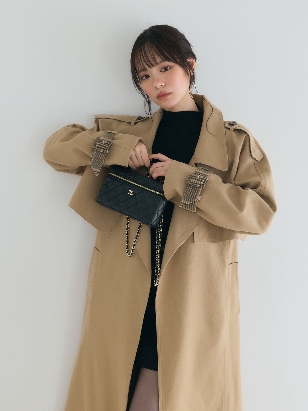 プレミアムチェックディテールロングトレンチコート