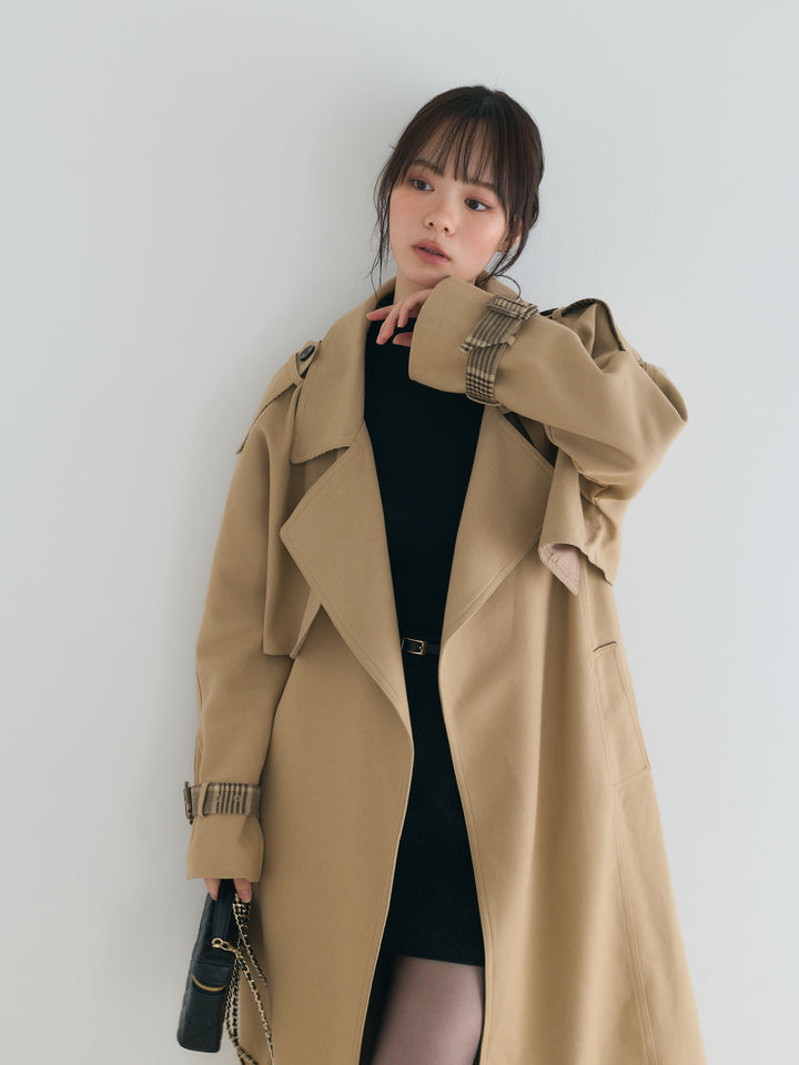 プレミアムチェックディテールロングトレンチコート