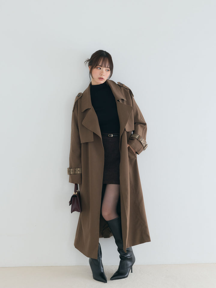 プレミアムチェックディテールロングトレンチコート