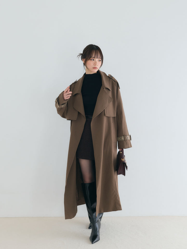 プレミアムチェックディテールロングトレンチコート