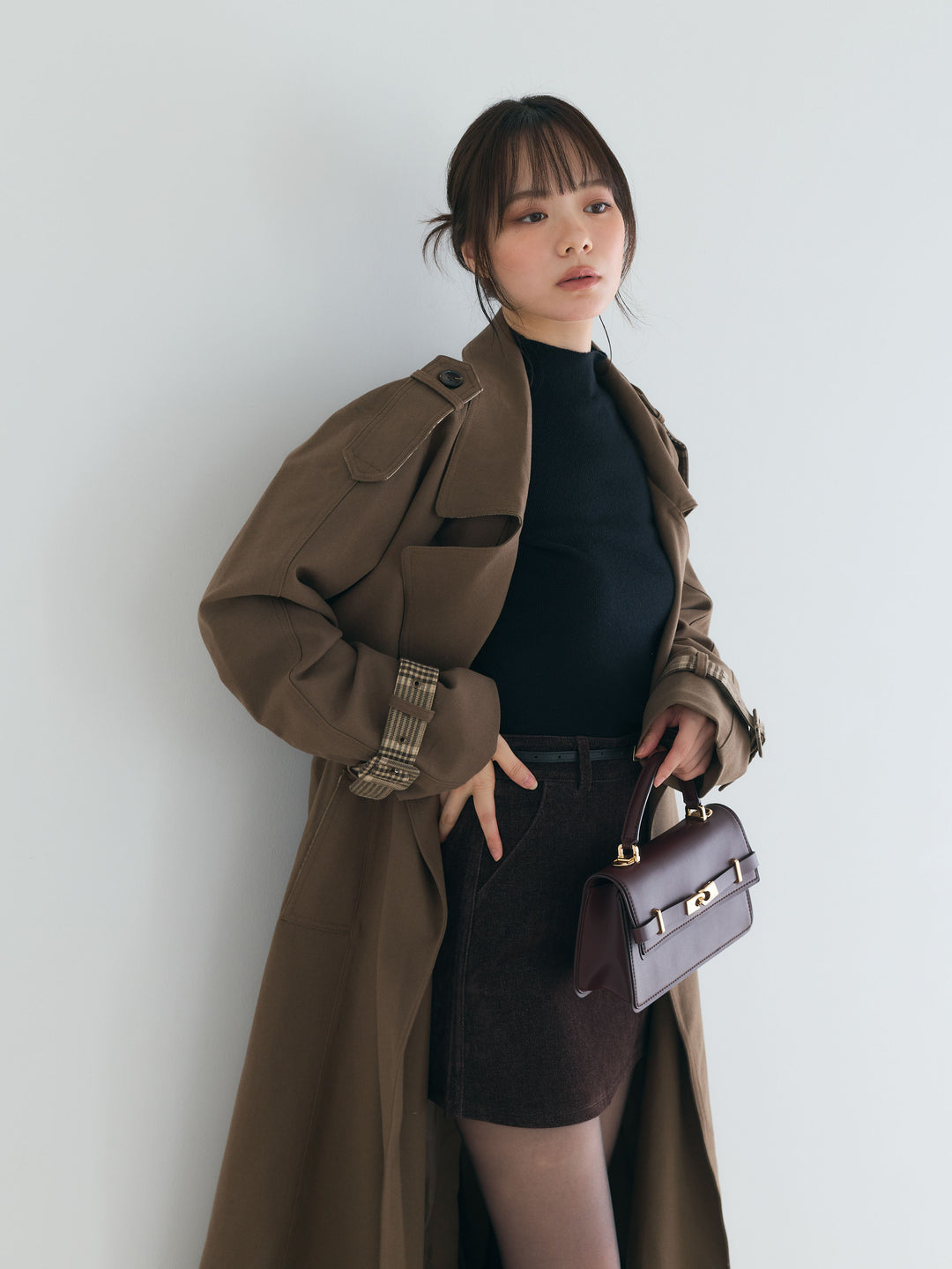 プレミアムチェックディテールロングトレンチコート