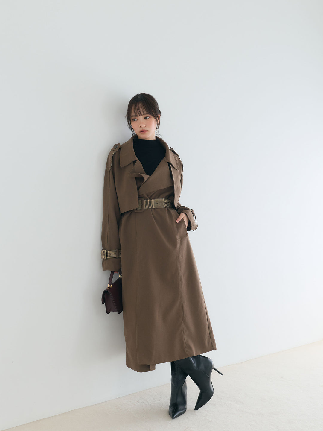 プレミアムチェックディテールロングトレンチコート