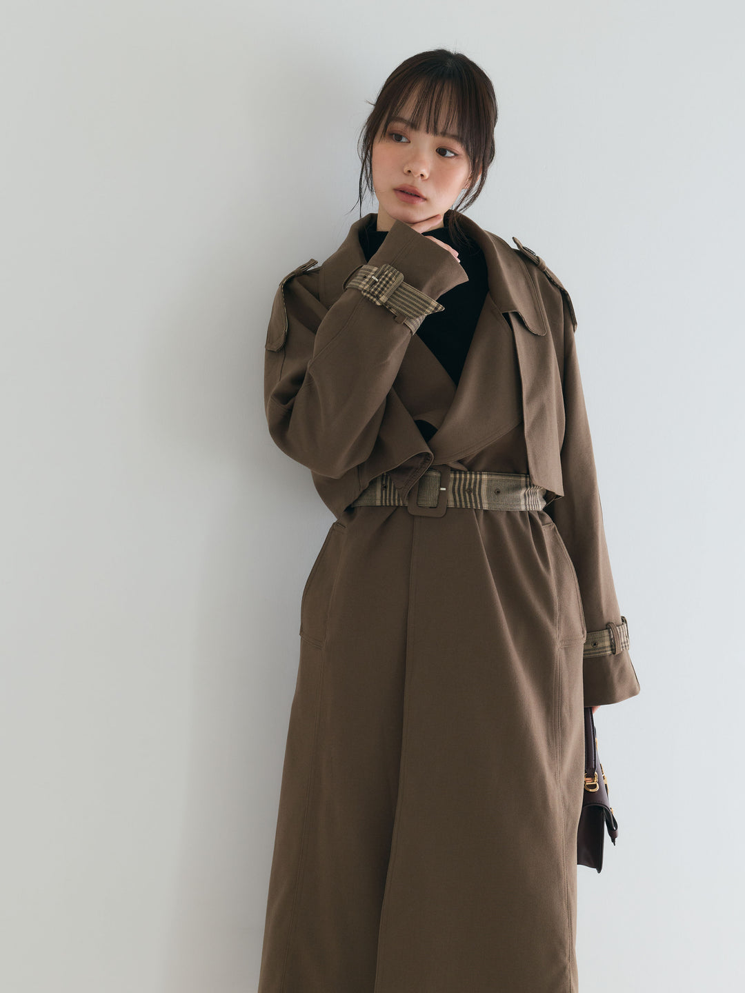 プレミアムチェックディテールロングトレンチコート