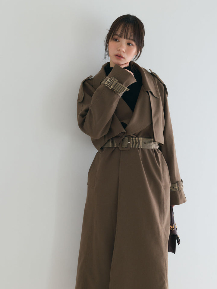 プレミアムチェックディテールロングトレンチコート