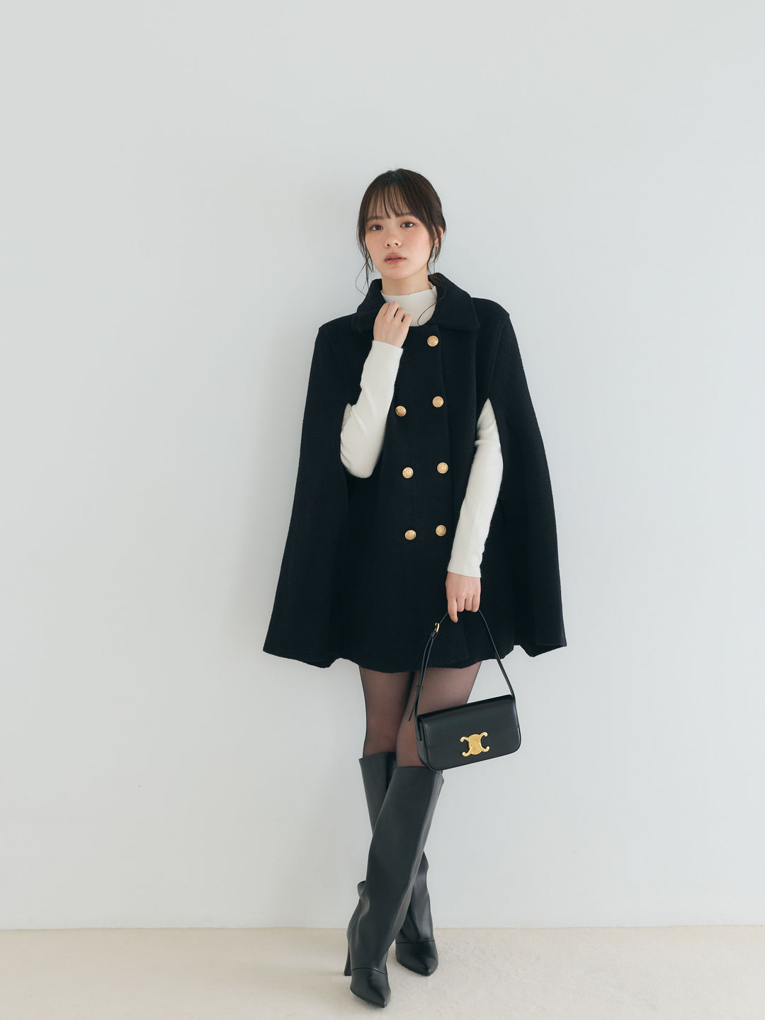 【SET】クラシカルAラインケープコート+モックネックニットトップス(2set)