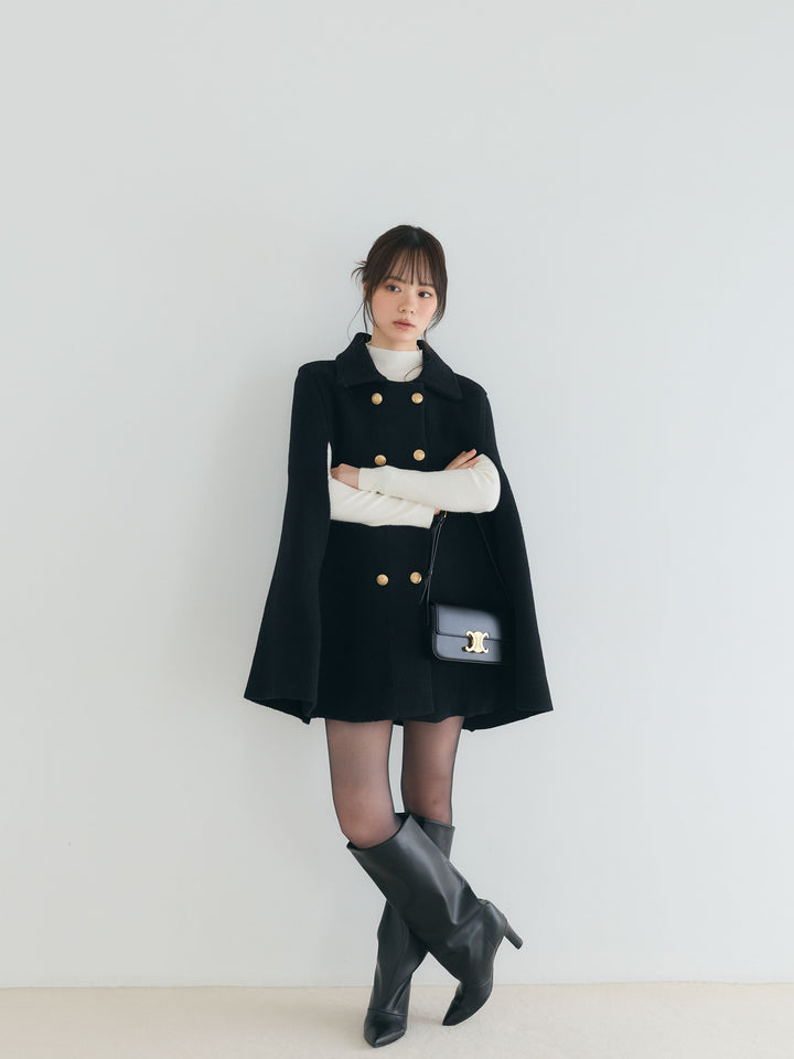 【SET】クラシカルAラインケープコート+モックネックニットトップス(2set)