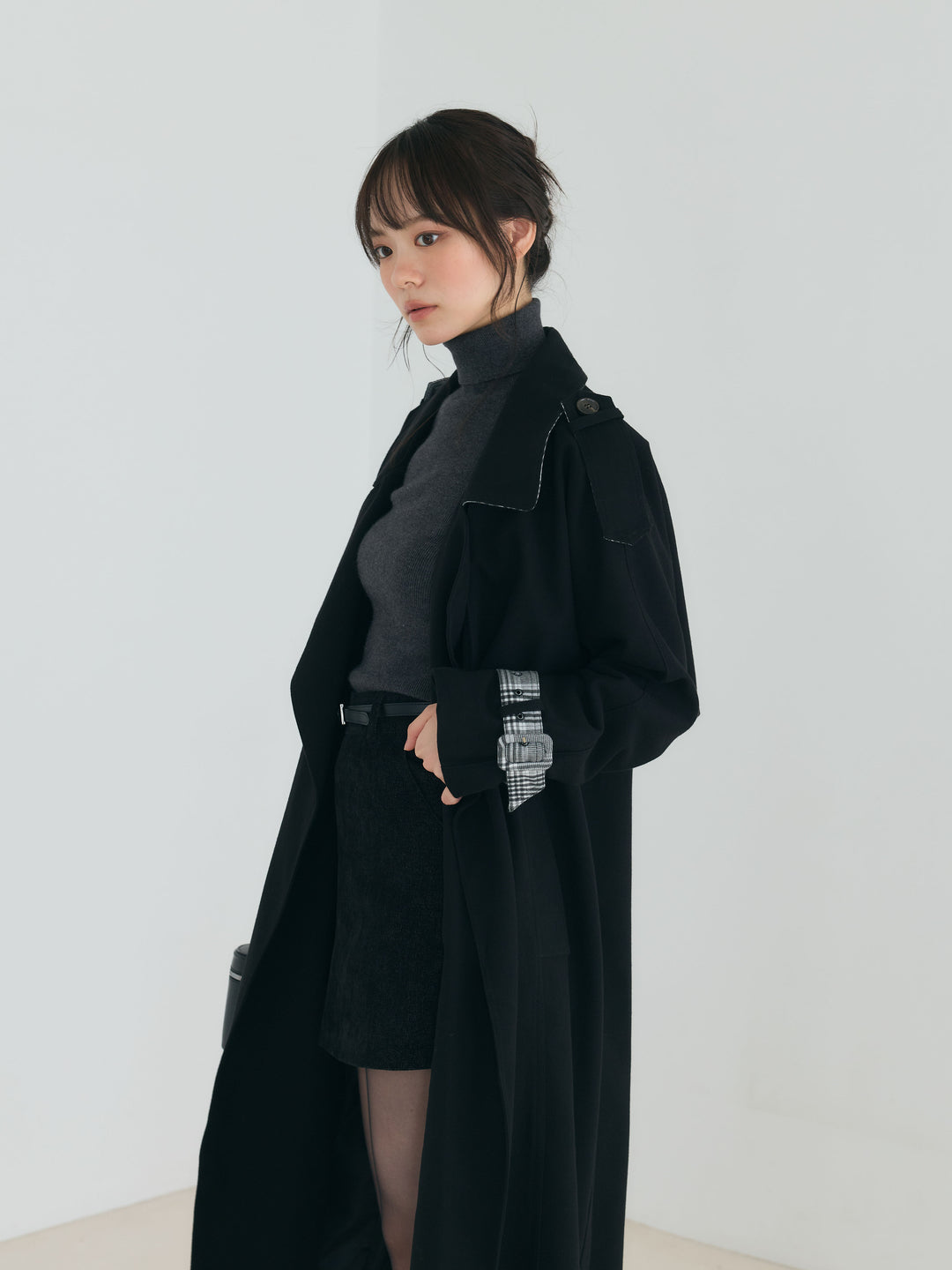 プレミアムチェックディテールロングトレンチコート