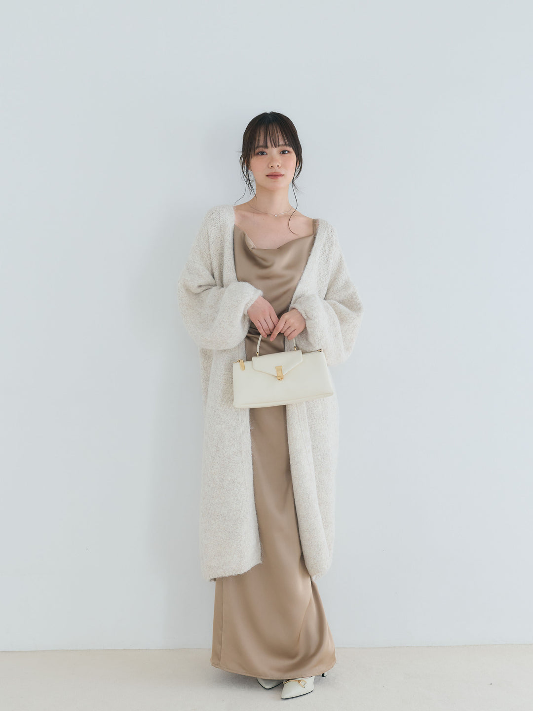 【SET】ウール混オーバーニットロングカーディガン+【Essential】Satin drape camisole one piece(2set)