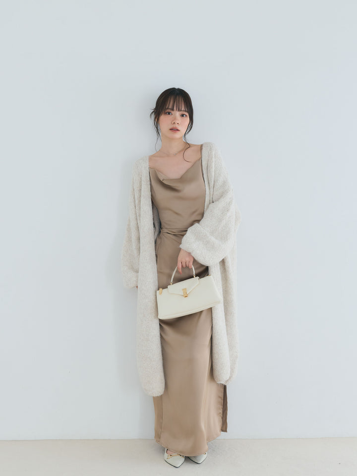 【SET】ウール混オーバーニットロングカーディガン+【Essential】Satin drape camisole one piece(2set)