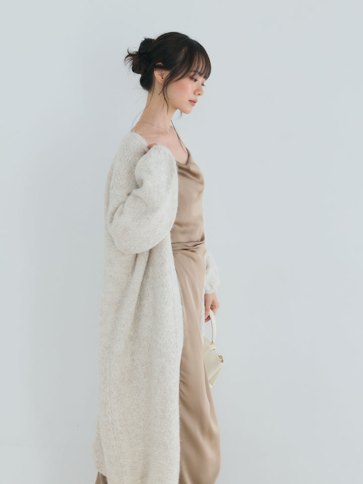 【SET】ウール混オーバーニットロングカーディガン+【Essential】Satin drape camisole one piece(2set)