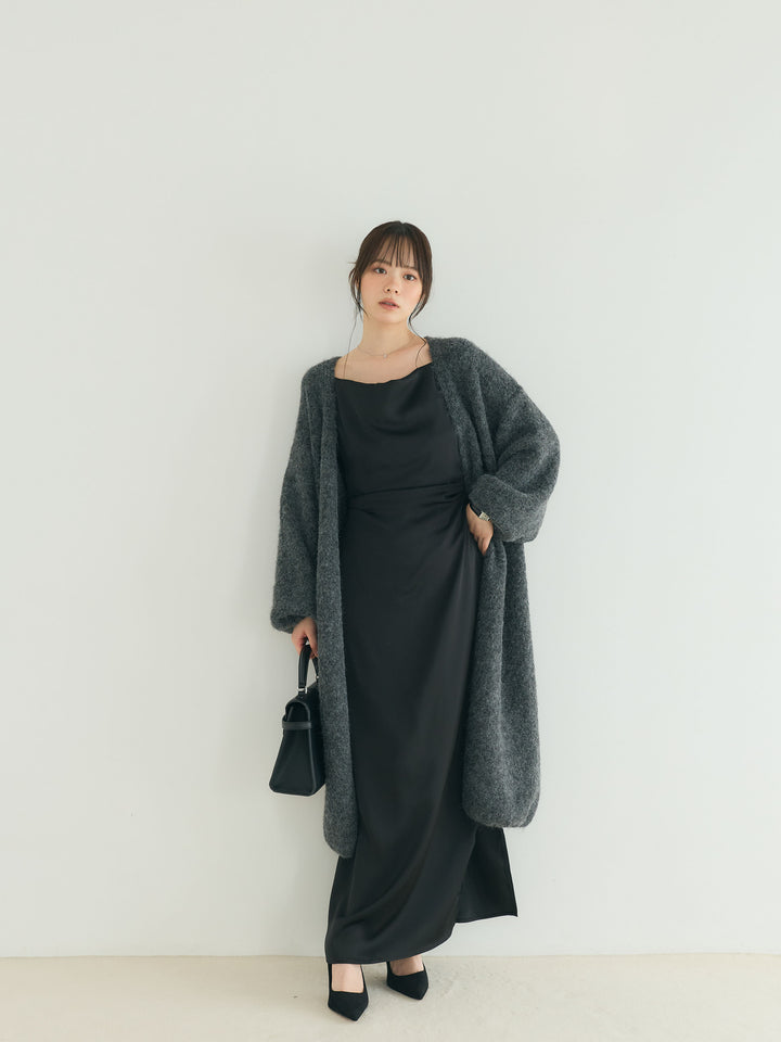 【SET】ウール混オーバーニットロングカーディガン+【Essential】Satin drape camisole one piece(2set)