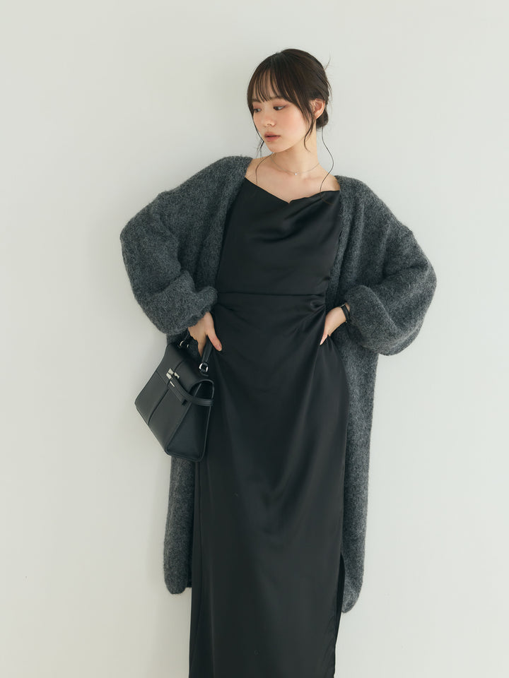 【SET】ウール混オーバーニットロングカーディガン+【Essential】Satin drape camisole one piece(2set)