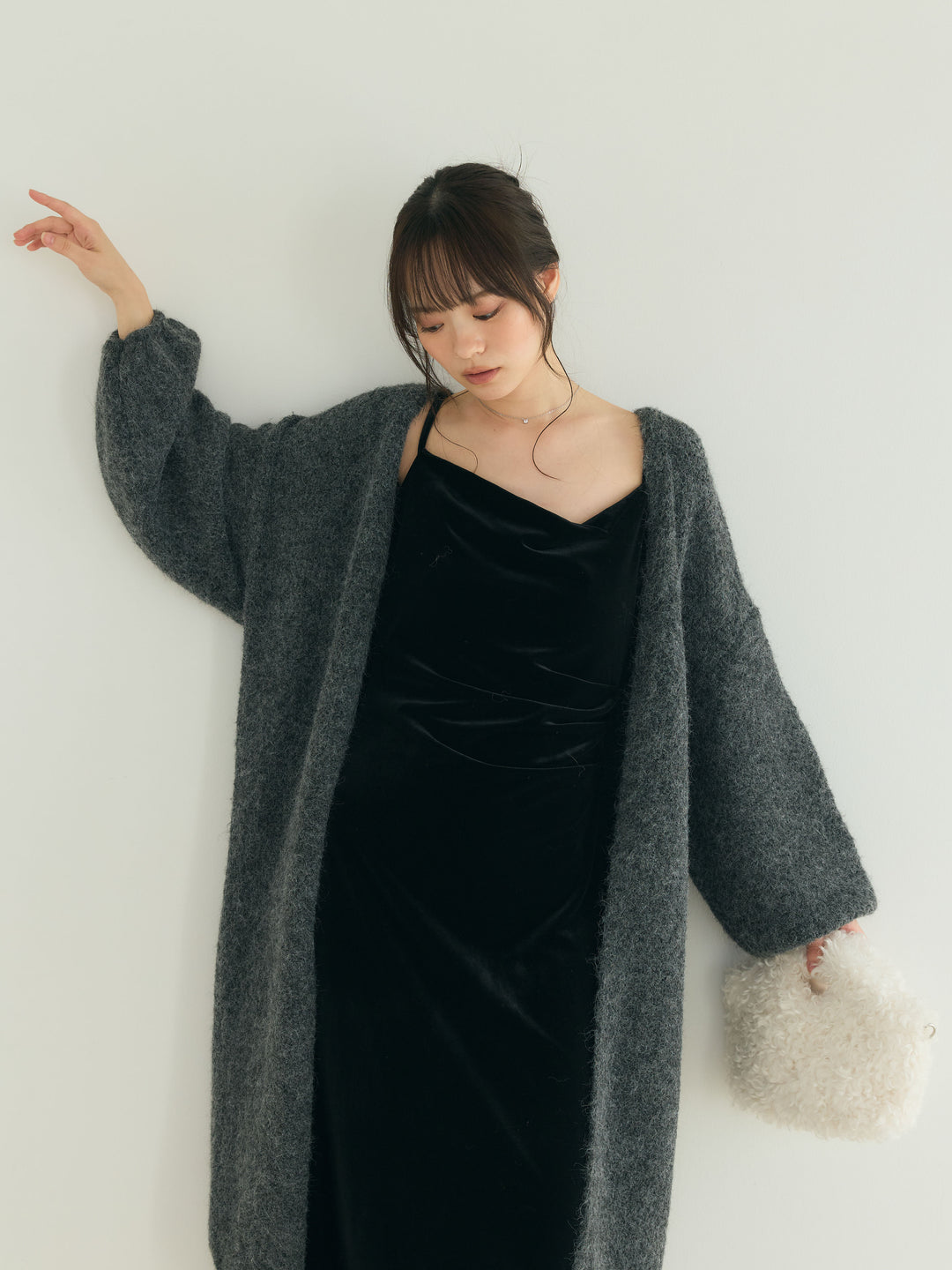 【SET】ウール混オーバーニットロングカーディガン+ドレープベロアワンピース(2set)