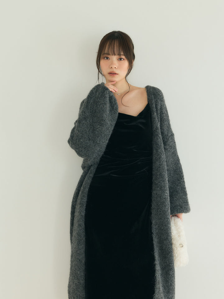 【SET】ウール混オーバーニットロングカーディガン+ドレープベロアワンピース(2set)