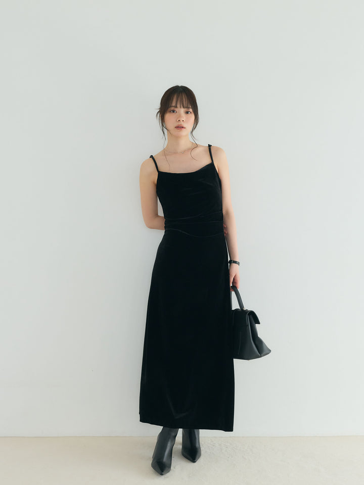 シンプルネックギャザーベロアワンピース