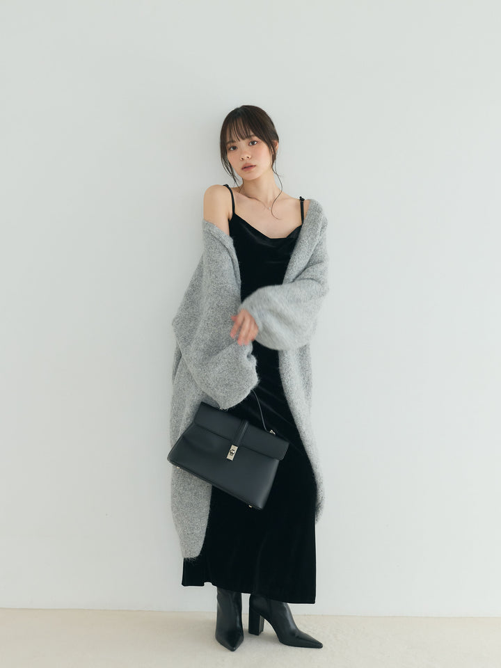 【SET】ウール混オーバーニットロングカーディガン+ドレープベロアワンピース(2set)