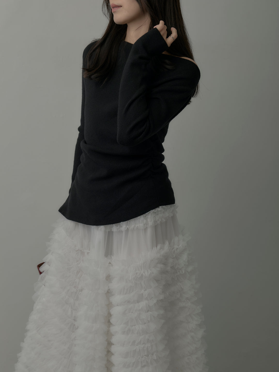 【SET】サイドスリットボートネックニットトップス+ドラマチックフリルチュールスカート(2set)