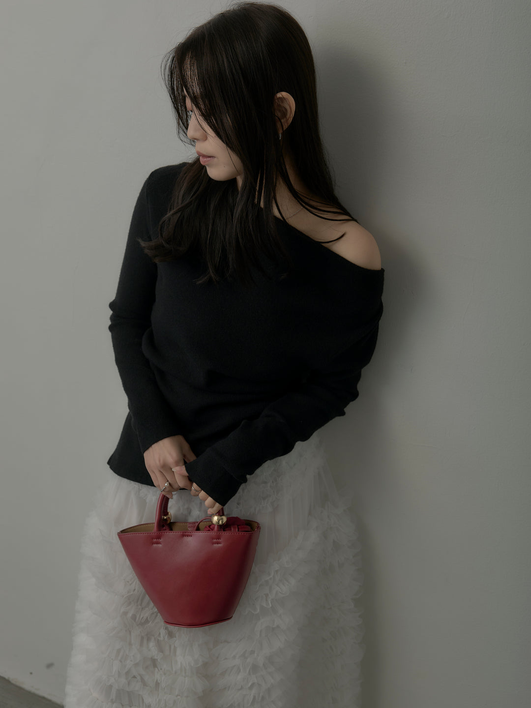 【SET】サイドスリットボートネックニットトップス+ドラマチックフリルチュールスカート(2set)