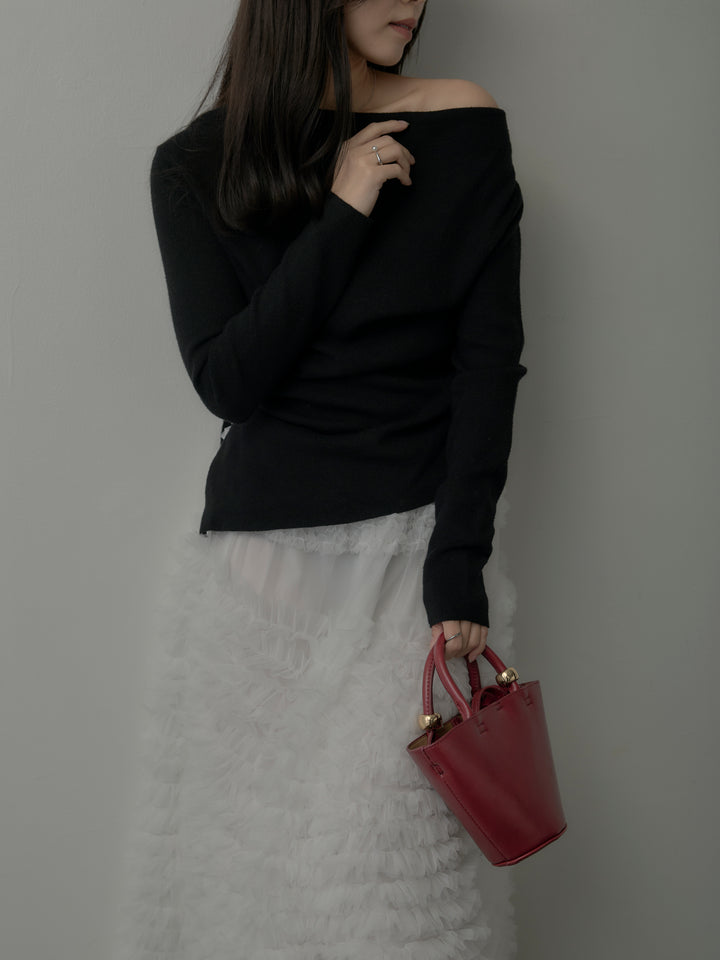 【SET】サイドスリットボートネックニットトップス+ドラマチックフリルチュールスカート(2set)