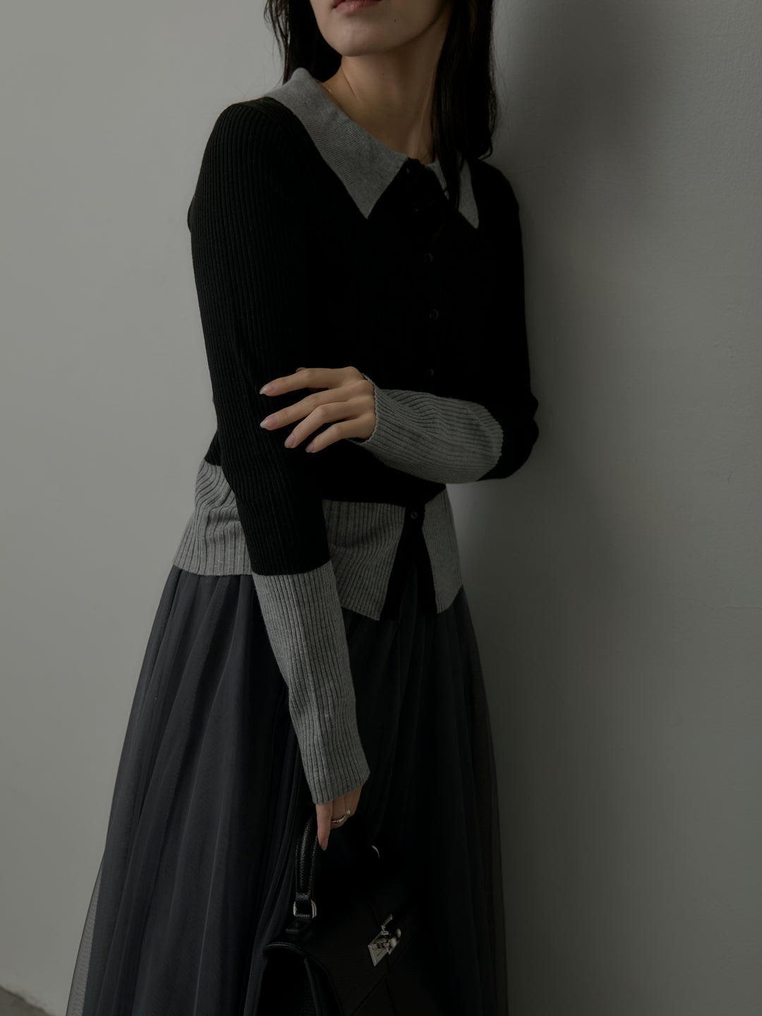 【SET】バイカラーリブニットポロトップス+バイカラーリブニットポロトップス(2set)