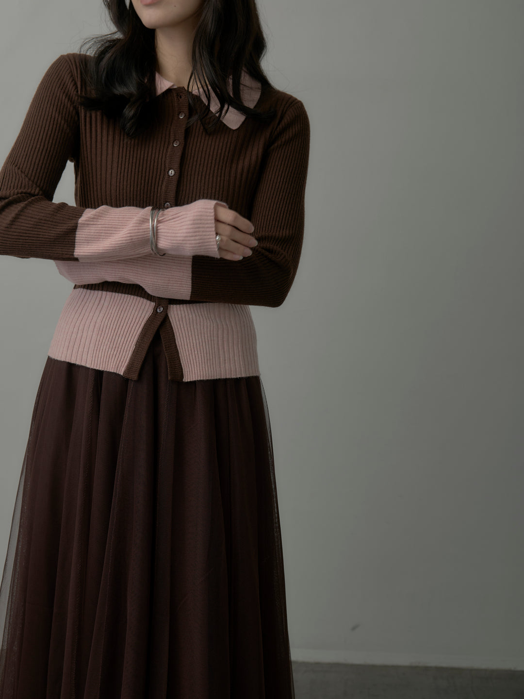 【SET】バイカラーリブニットポロトップス+バイカラーリブニットポロトップス(2set)