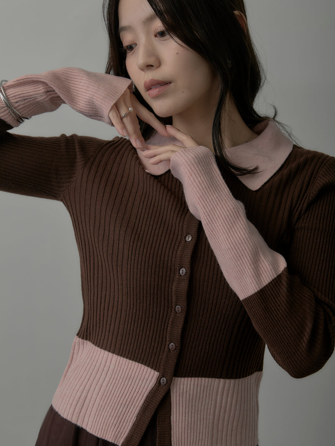 【SET】バイカラーリブニットポロトップス+バイカラーリブニットポロトップス(2set)