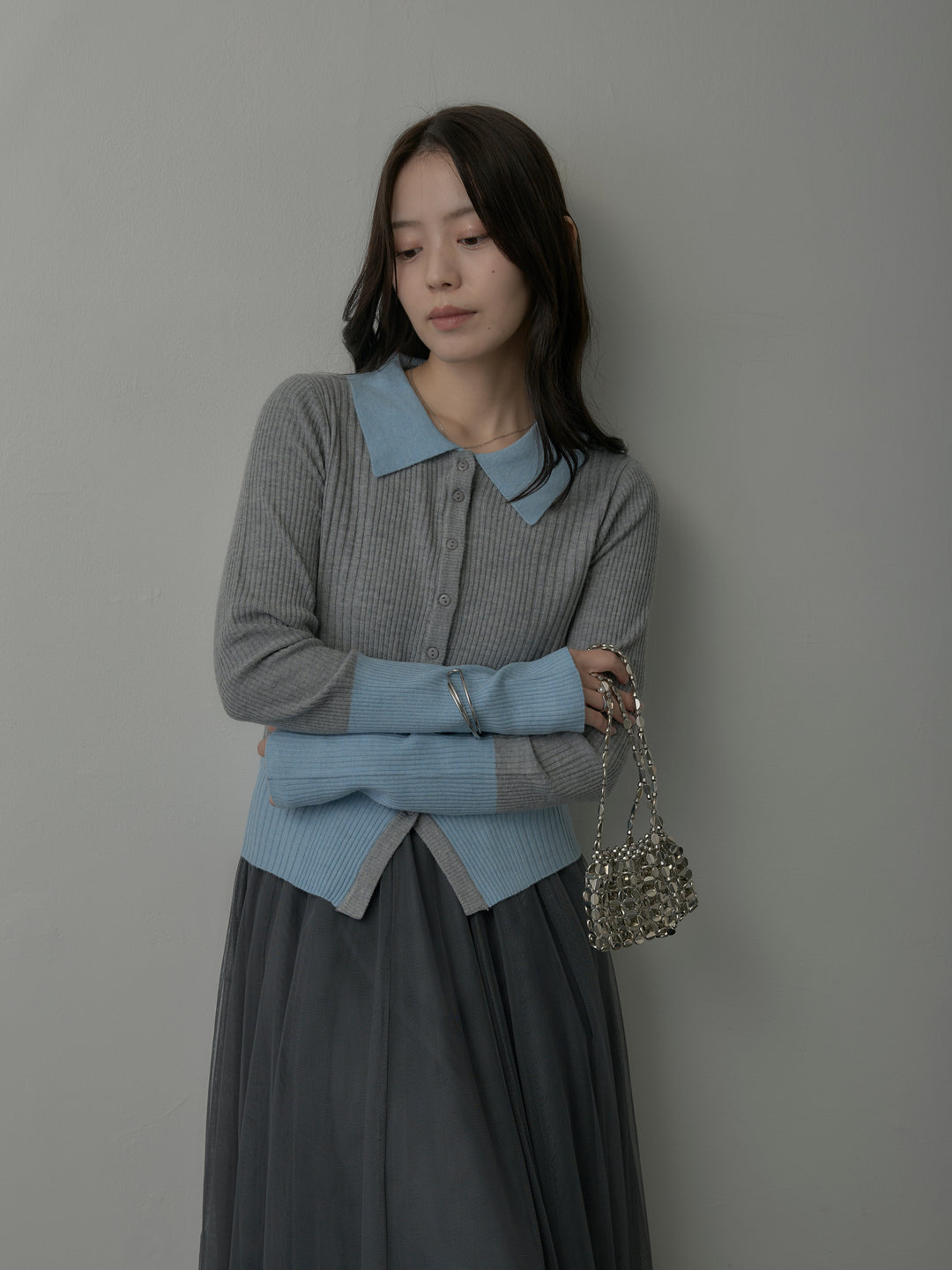 【SET】バイカラーリブニットポロトップス+バイカラーリブニットポロトップス(2set)