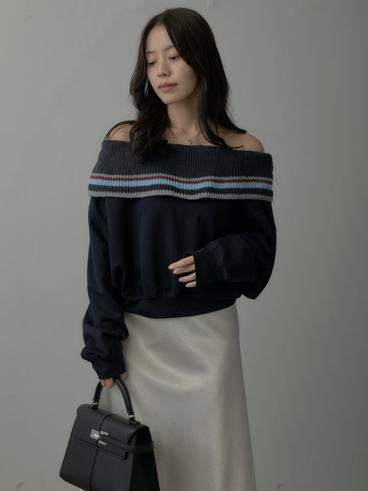 配色ボーダースウェットオフショルトップス