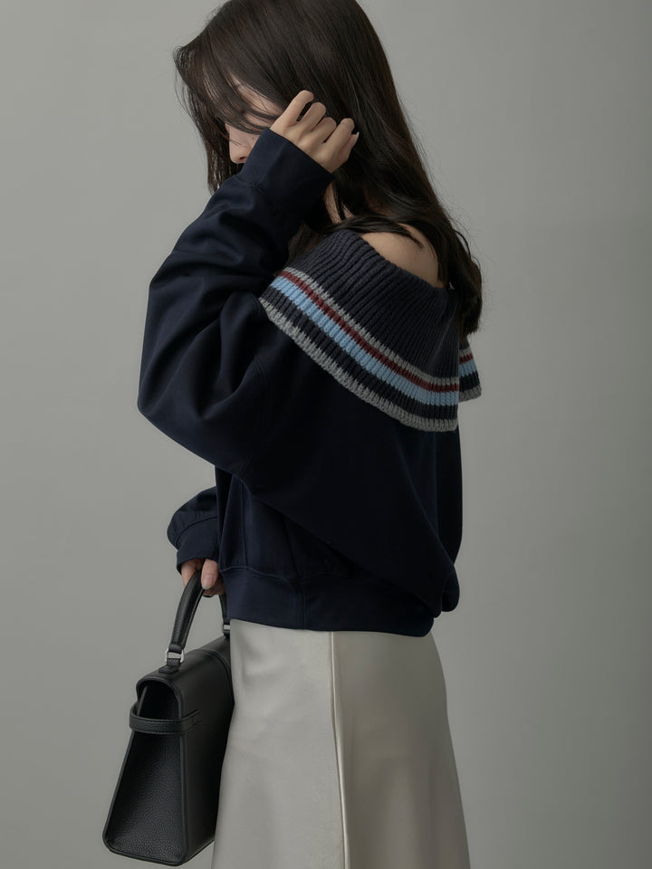 配色ボーダースウェットオフショルトップス