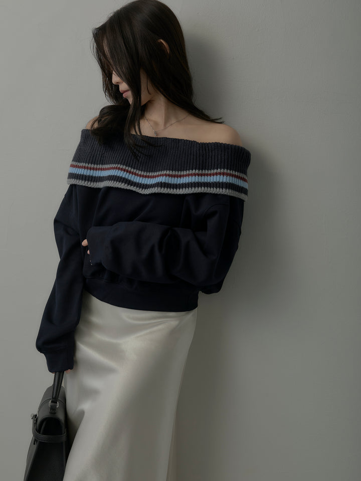 配色ボーダースウェットオフショルトップス