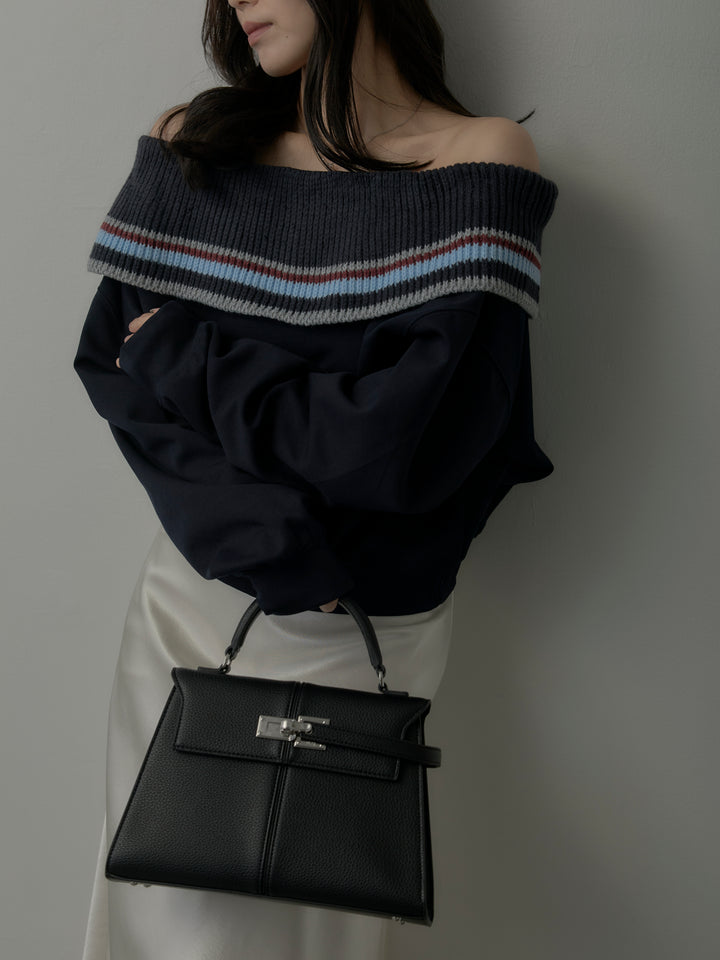 【SET】配色ボーダースウェットオフショルトップス+ヘビーサテンAラインスカート(2set)