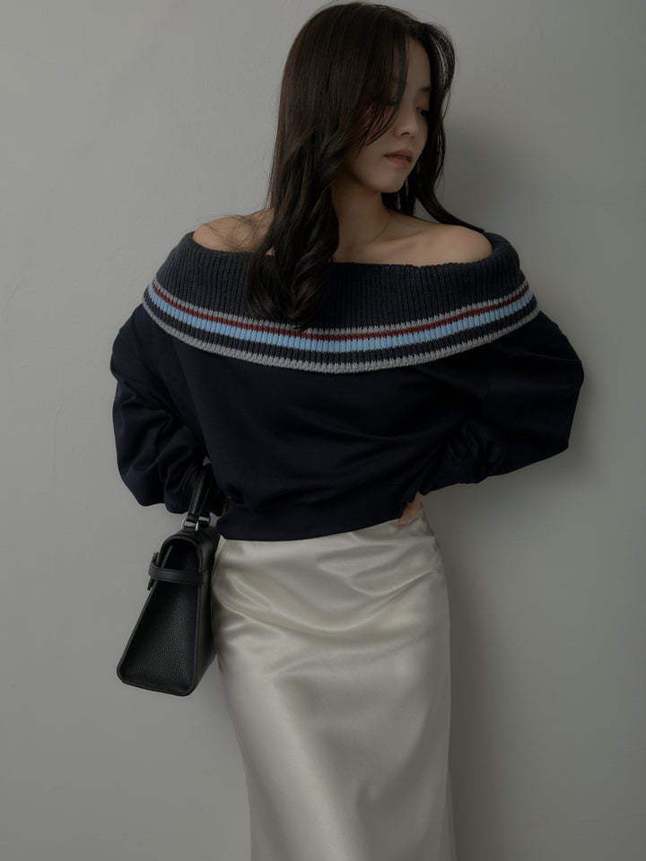 配色ボーダースウェットオフショルトップス