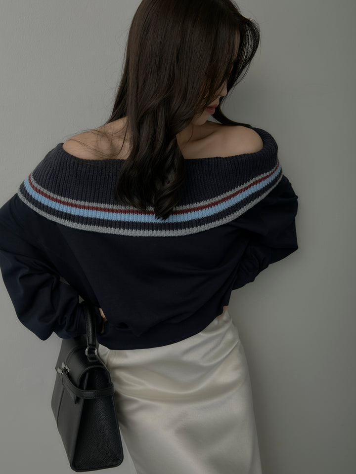 【SET】配色ボーダースウェットオフショルトップス+ヘビーサテンAラインスカート(2set)