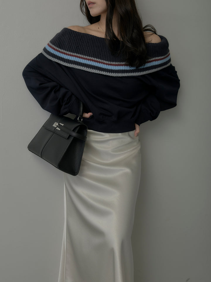 【SET】配色ボーダースウェットオフショルトップス+ヘビーサテンAラインスカート(2set)