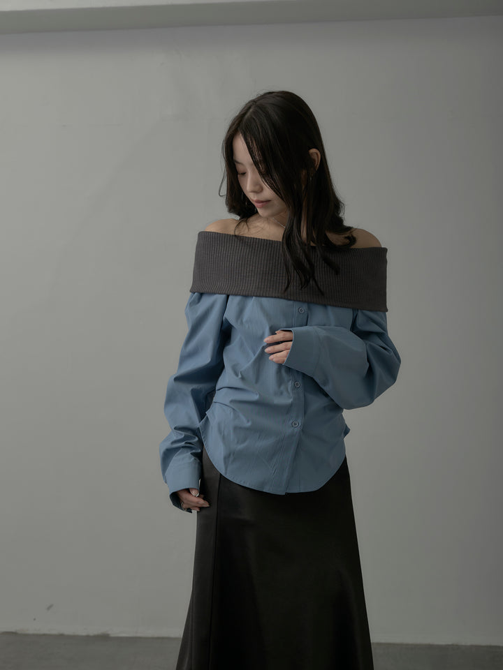 【SET】ニットシャツドッキングオフショルトップス+ニットシャツドッキングオフショルトップス(2set)