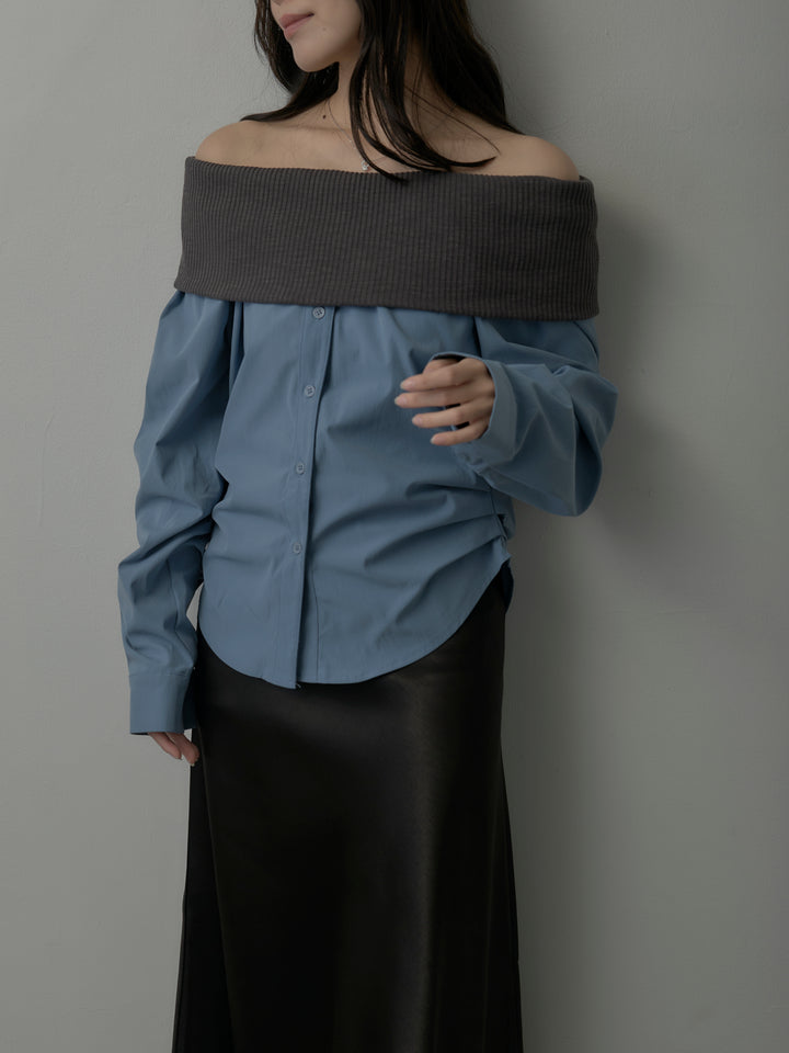 【SET】ニットシャツドッキングオフショルトップス+ニットシャツドッキングオフショルトップス(2set)