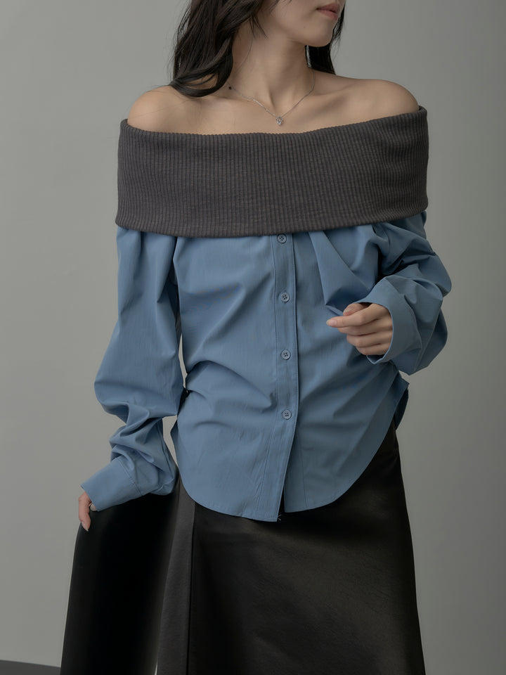【SET】ニットシャツドッキングオフショルトップス+ニットシャツドッキングオフショルトップス(2set)