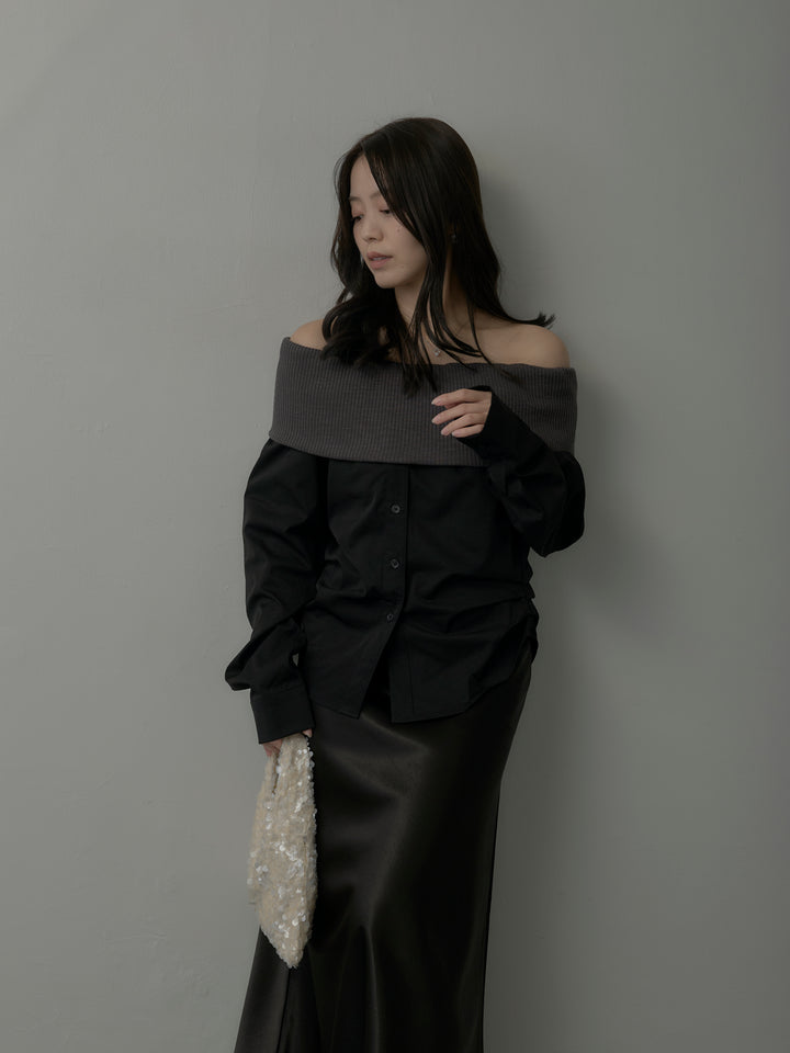 【SET】ニットシャツドッキングオフショルトップス+ニットシャツドッキングオフショルトップス(2set)