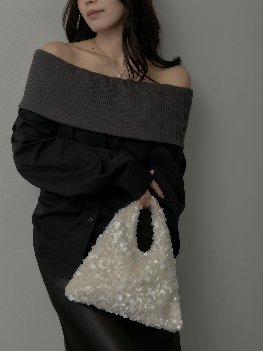 【SET】ニットシャツドッキングオフショルトップス+ニットシャツドッキングオフショルトップス(2set)