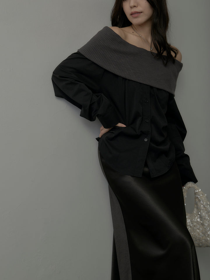 【SET】ニットシャツドッキングオフショルトップス+ニットシャツドッキングオフショルトップス(2set)